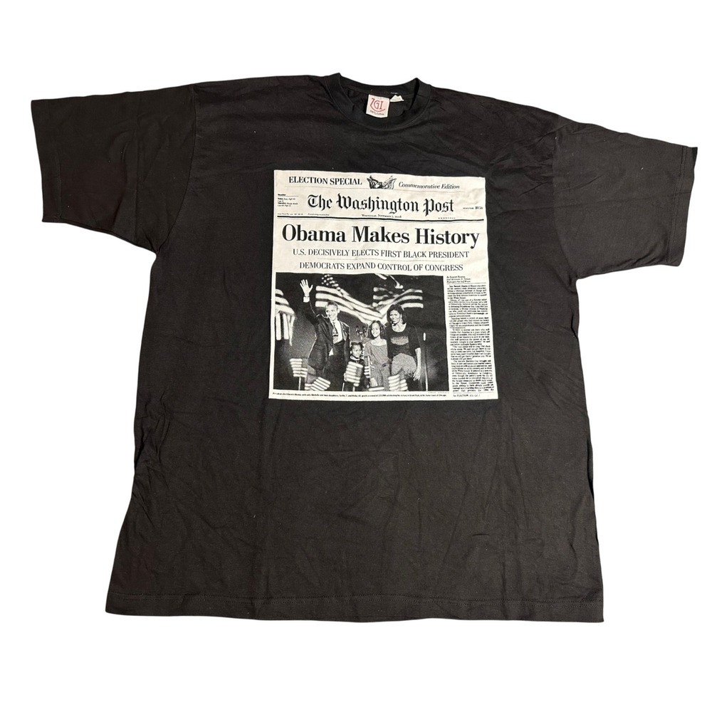 Vintage Black Washington Post Obama Makes History T Shirt‎ Size 2XL